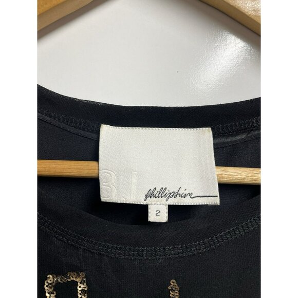 Y2K 3.1 PHILLIP LIM SIZE 2 SMALL BLACK GOLD MAZE EMBROIDERED SEQUINS BLOUSE TOP - Picture 3 of 5